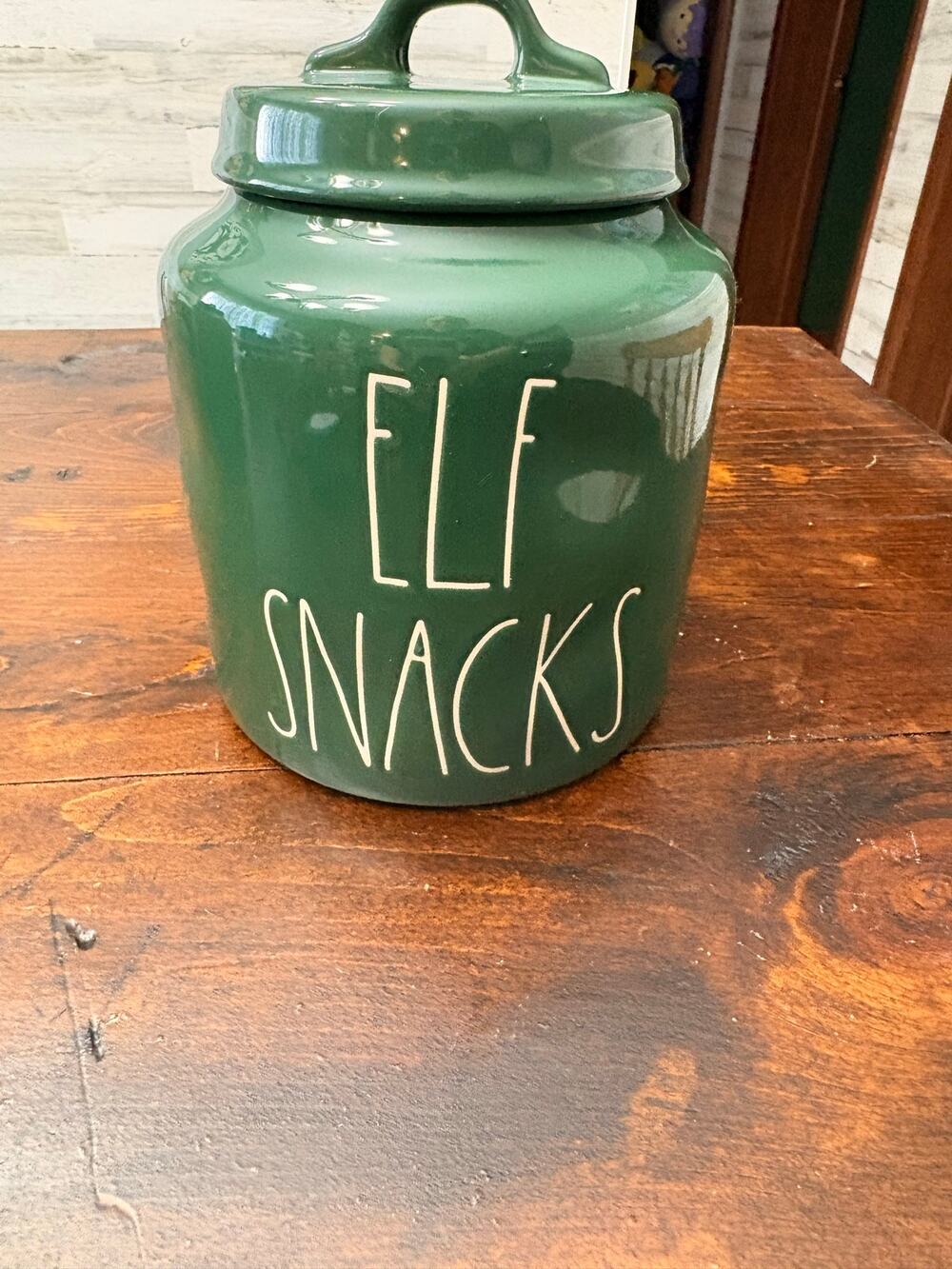 Rae Dunn ELF SNACKS Green Ceramic Christmas Canister with Lid